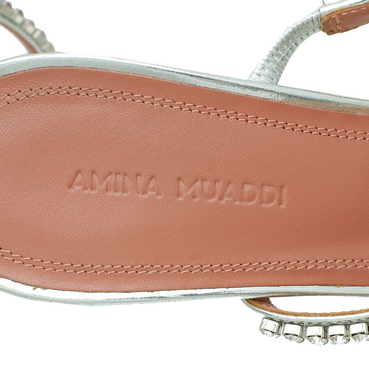 Amina Muaddi Metallic Silver Gilda 95 Ankle Strap Sandals 37