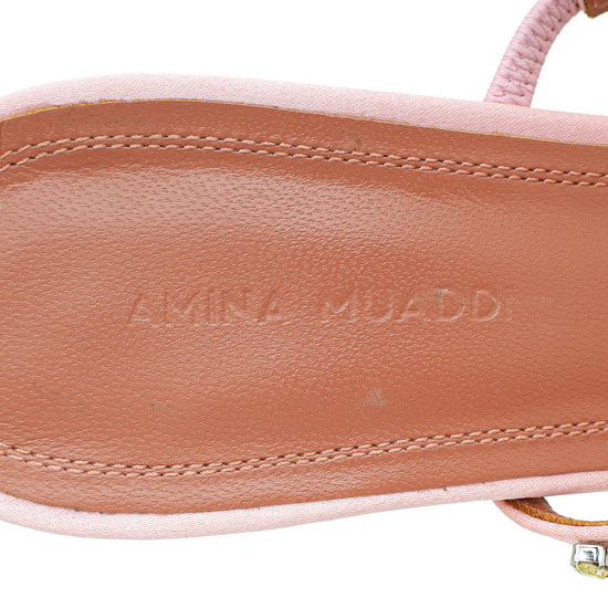 Amina Muaddi Light Rose Satin Gilda Crystal Embellished Mules 38.5