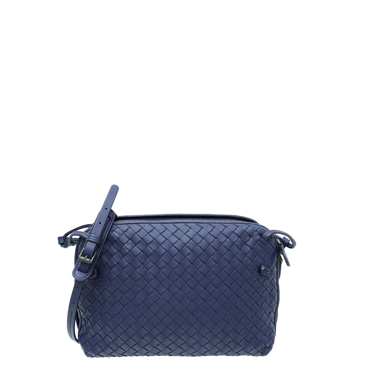 Bottega Veneta Navy Blue Intrecciato Nappa Nodini Double Zip 