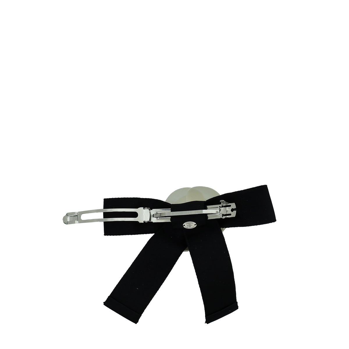 Auth CHANEL Camellia Ribbon Barrette Hair Clip Black Satin/Nylon - h30327f Authentic New Chanel Black/White Camelia Flower Satin Bow  main image 2