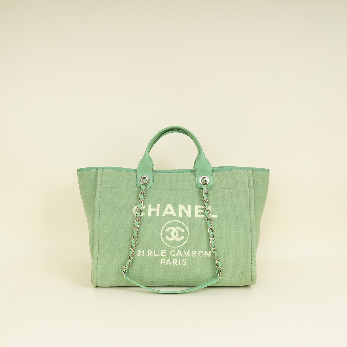 Chanel Green CC Deauville Mix Fabric Medium Tote Bag | Pre-Owned