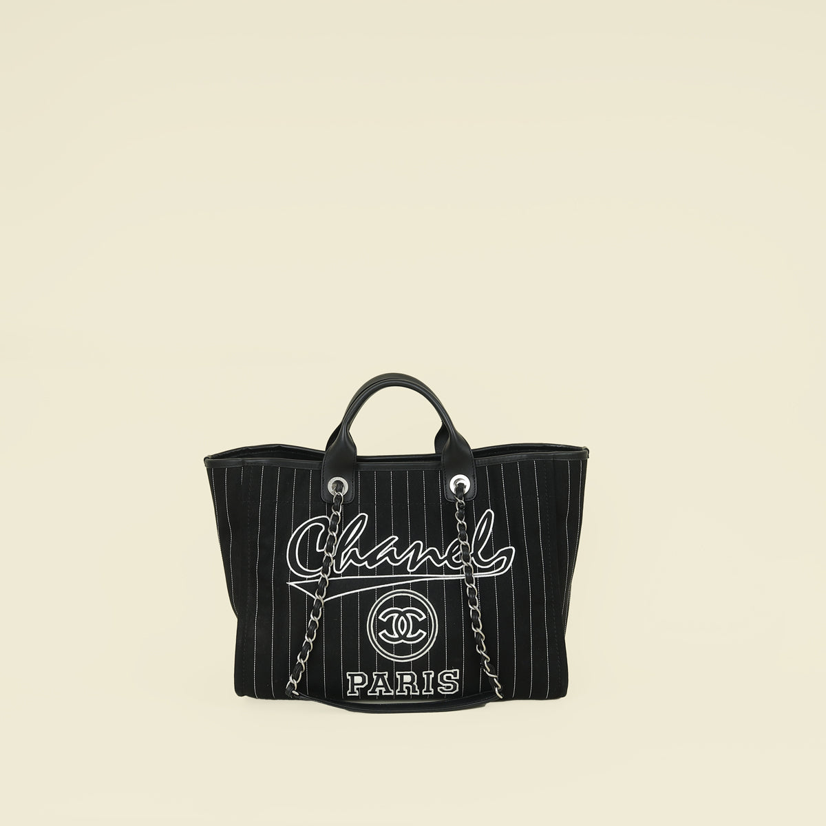 Chanel Black CC Deauville Pinstripe Shopping Tote Bag | Pre-Owned