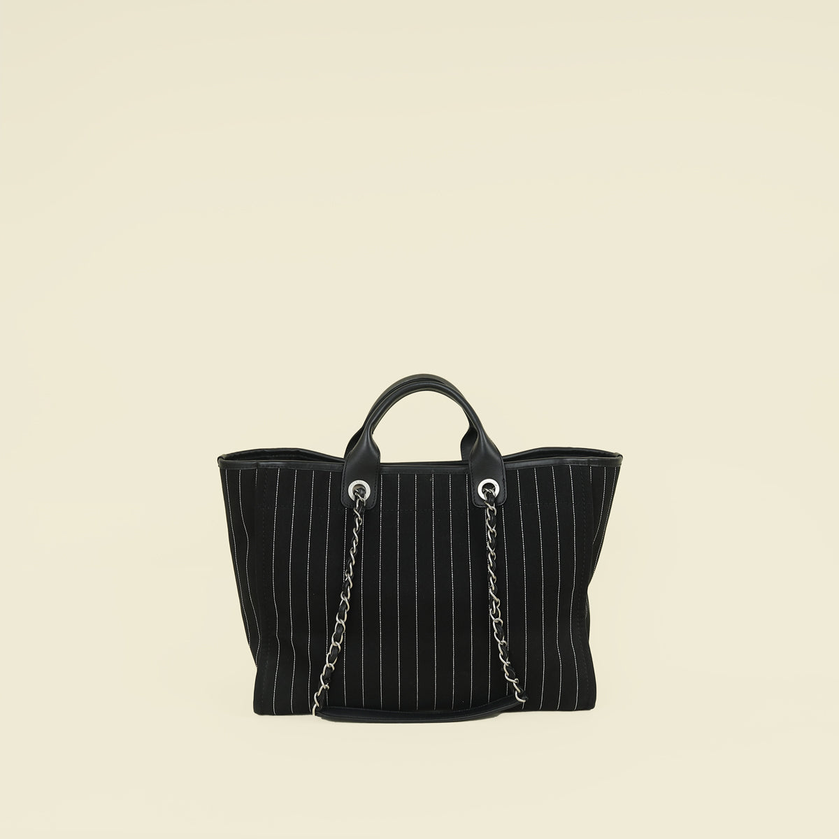 Chanel Black CC Deauville Pinstripe Shopping Tote Bag | Pre-Owned