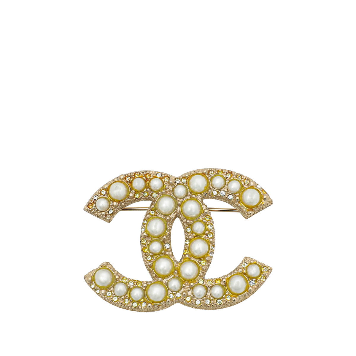 Chanel Gold Finish Crystal Pearl CC Brooch