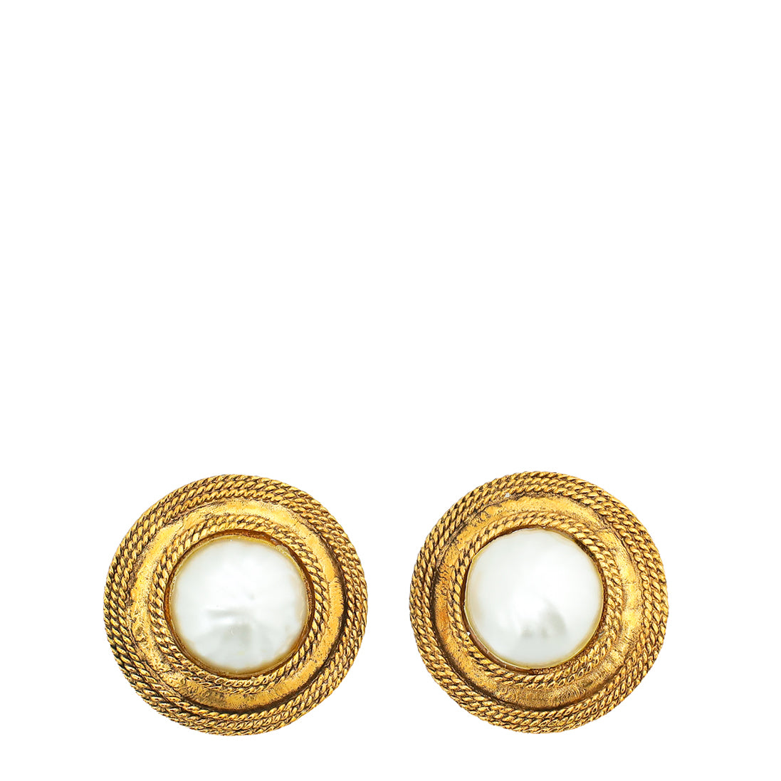 Chanel White Vintage Pearl Button Clip On Earrings