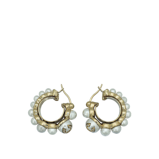 Chanel White CC Faux Pearl Hoop Earrings