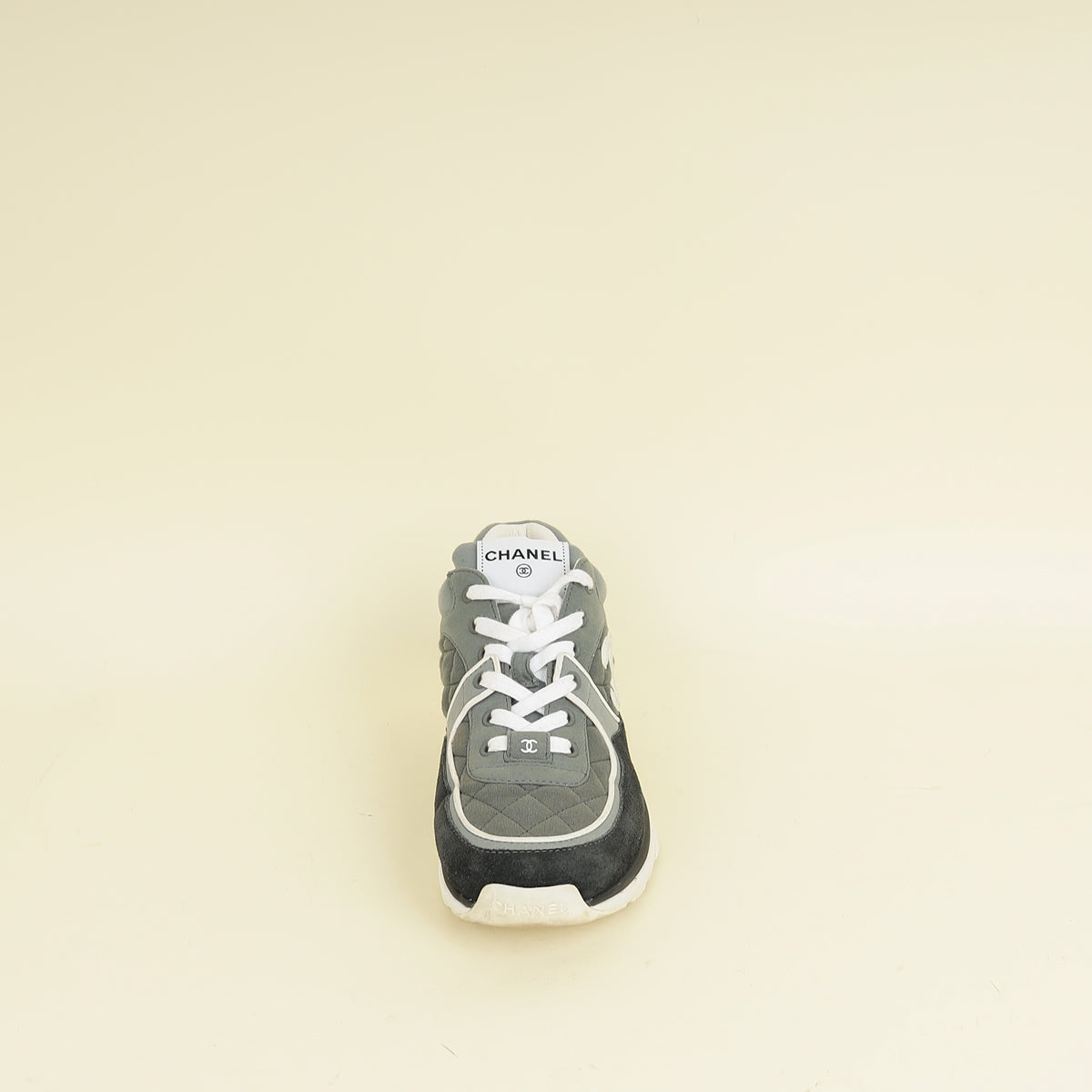 Chanel CC Logo Quilted White / Grey Suede Trainer Sneakers Chanel Shiny Calfskin Suede Quilted CC Logo Sneakers 38.5  main image 2