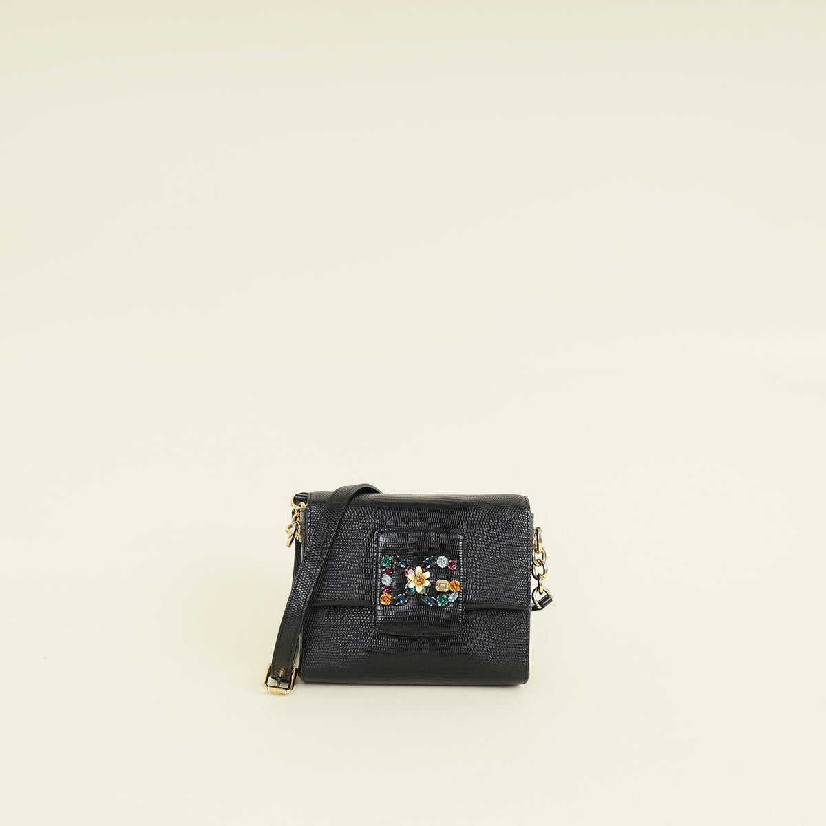 Dolce & Gabbana Black Lizard Embossed DG Millennials Flap Shoulder
