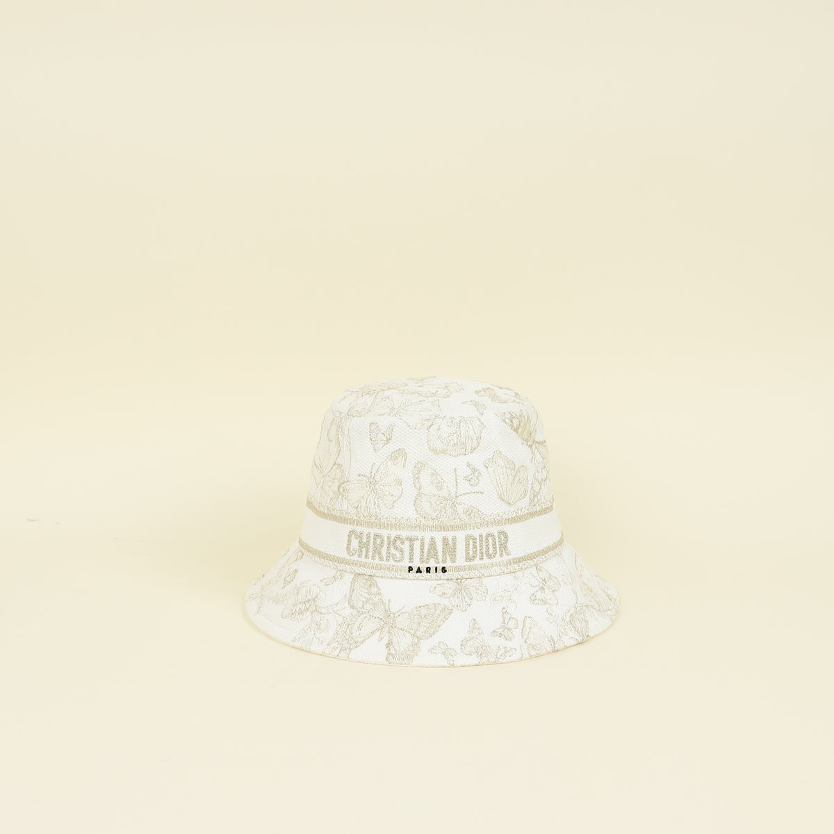 Christian Dior バケットハット 蝶の刺繍 アイボリー Christian Dior White Gold Butterfly Embroidered Bucket Hat – THE
