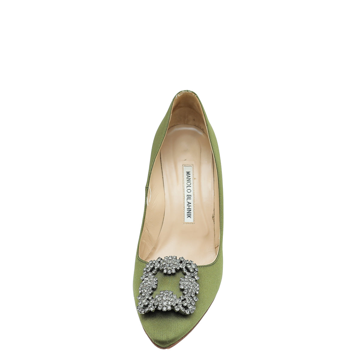 Manolo Blahnik Olive Green Satin Hangisi Crystal Pump 38 – THE CLOSET