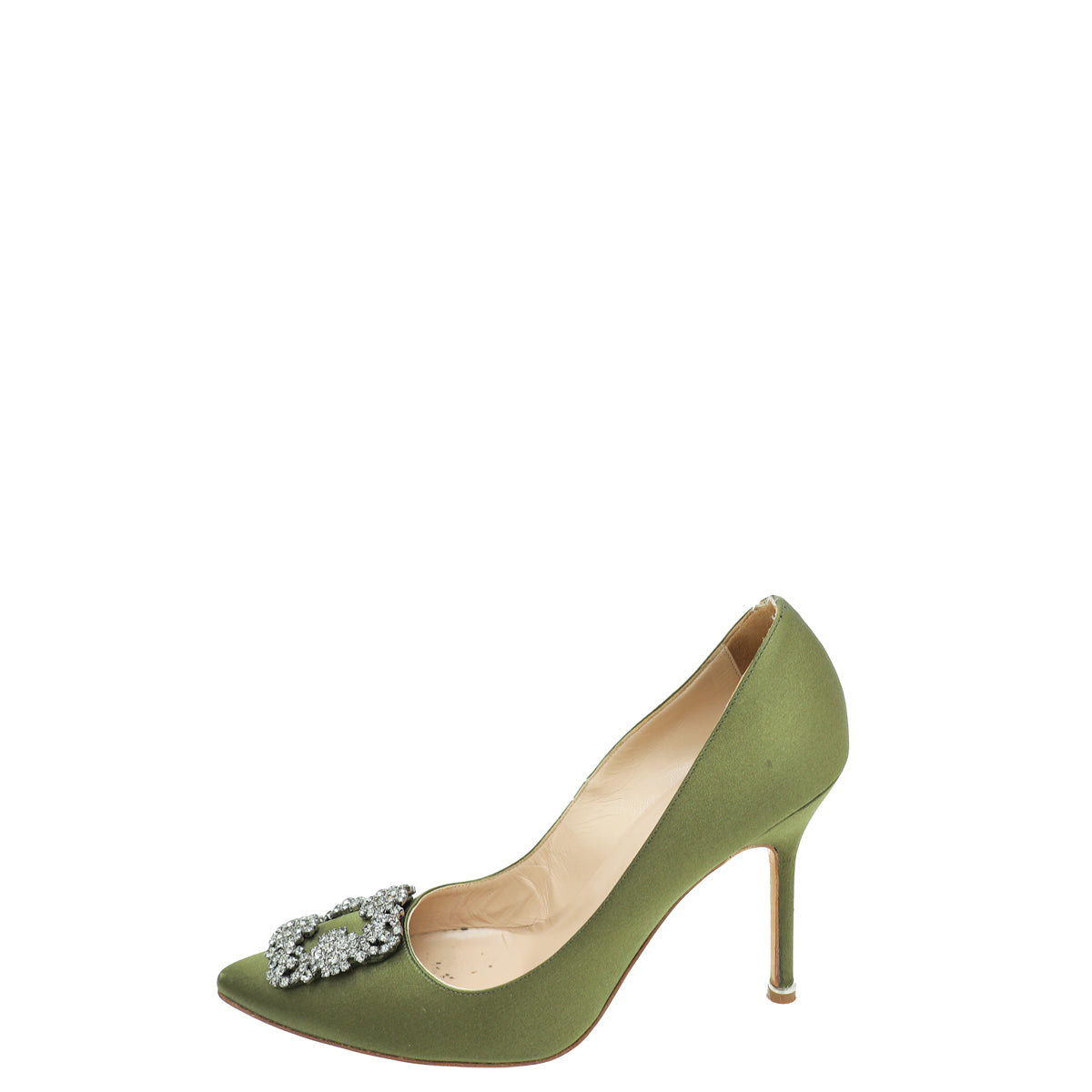 Manolo Blahnik Olive Green Satin Hangisi Crystal Pump 38 – THE CLOSET