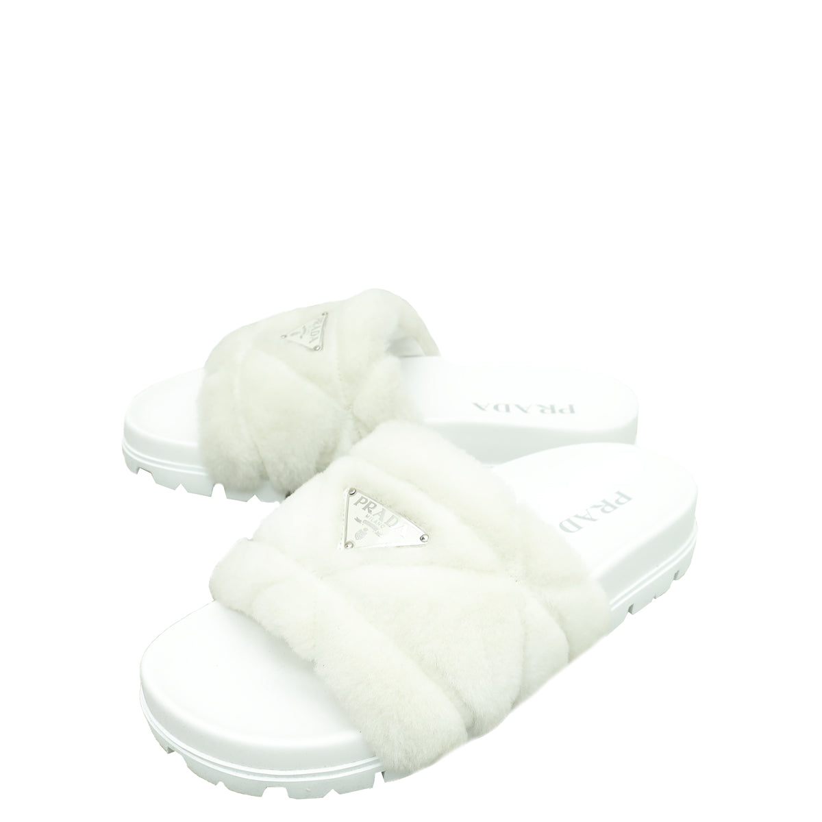 PRADA サンダル ホワイト 36.5 Prada White Logo Shearling Slide Sandal 36.5 – THE CLOSET