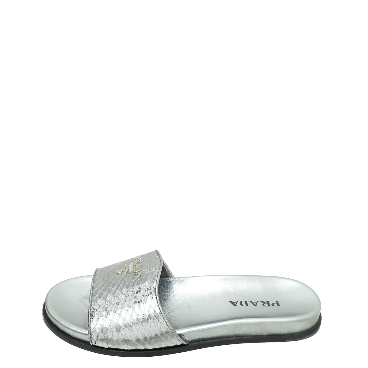 Prada Metallic Grey Logo Python Embossed Slide Sandal 36.5 – THE 