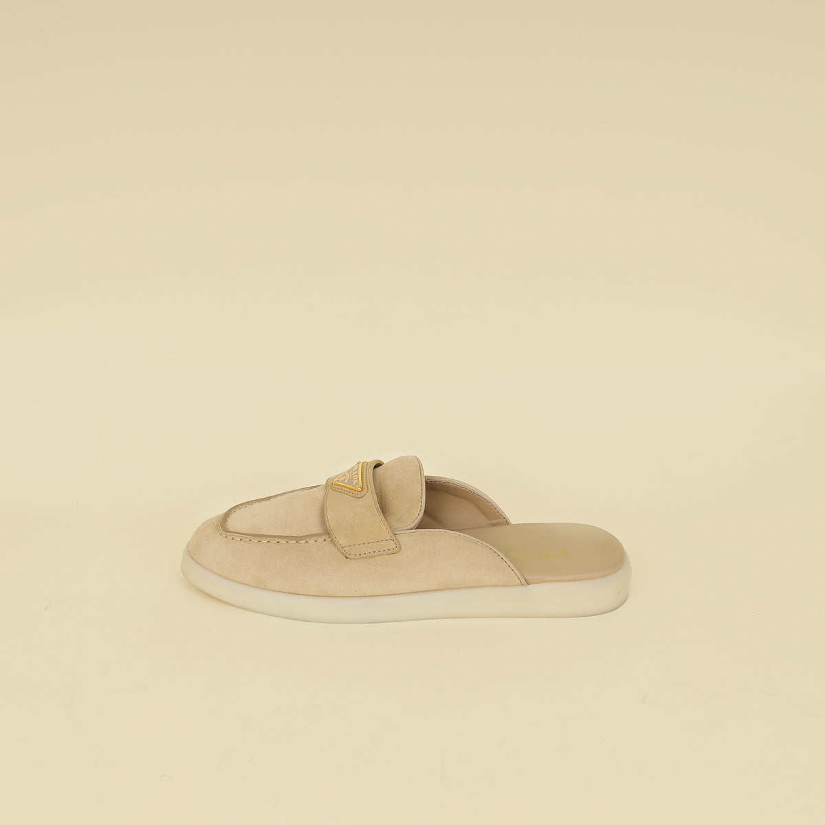 Prada Ecru Suede Loafers Metal Logo $1100 Prada Ecru Logo Suede Loafers 38 – THE CLOSET main image 2