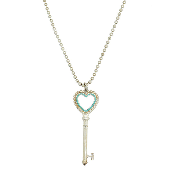 Tiffany & Co Sterling Silver Beaded Heart Key Pendant Necklace