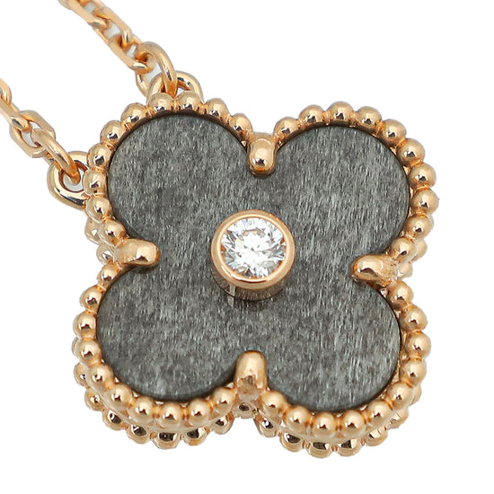 Van Cleef & Arpels 18K Rose Gold Diamond Silver Obsidian Vintage Alhambra Holiday Pendant Necklace