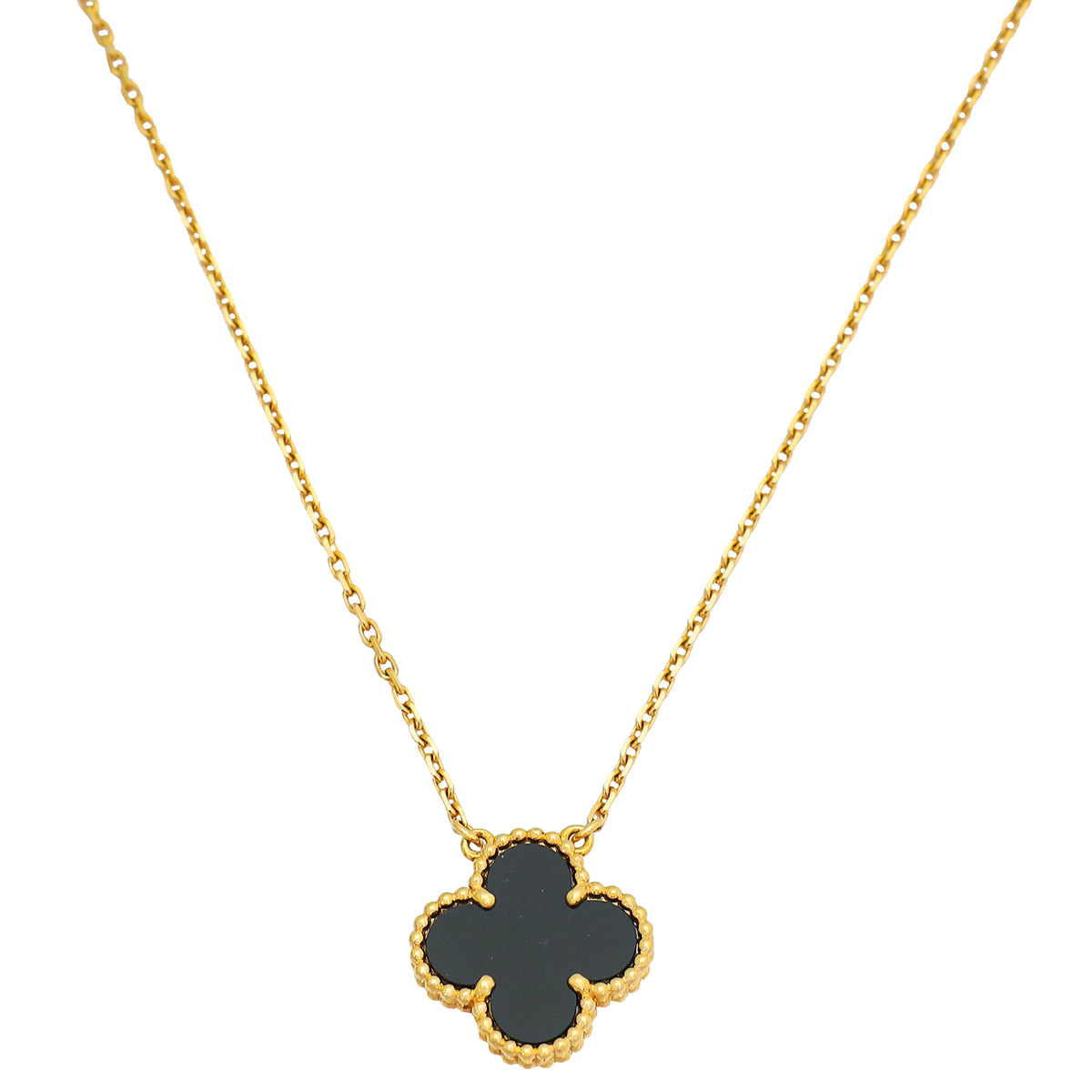 Van Cleef & Arpels 18K Yellow Gold Onyx Vintage Alhambra Necklace