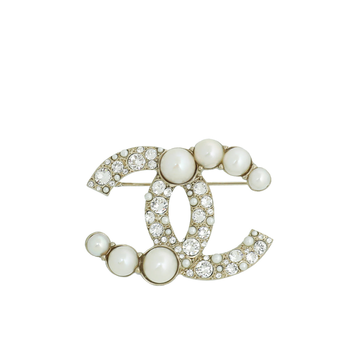 Chanel White CC Pearl Crystal Brooch