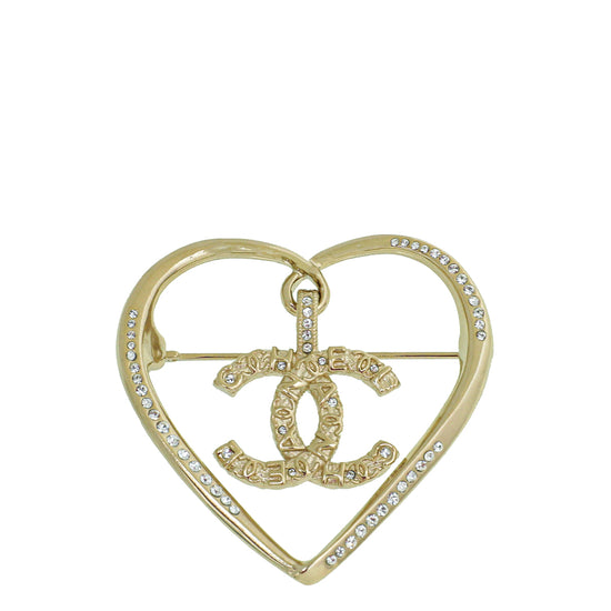 Chanel Gold CC Diamanté Heart Brooch