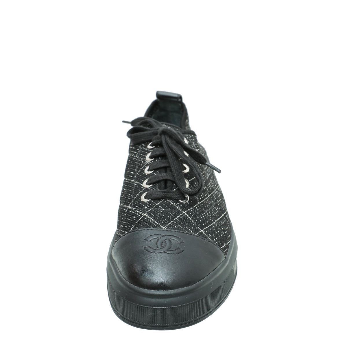 CHANEL Black Tweed Cap-Toe Lace-Up Sneakers with Logo