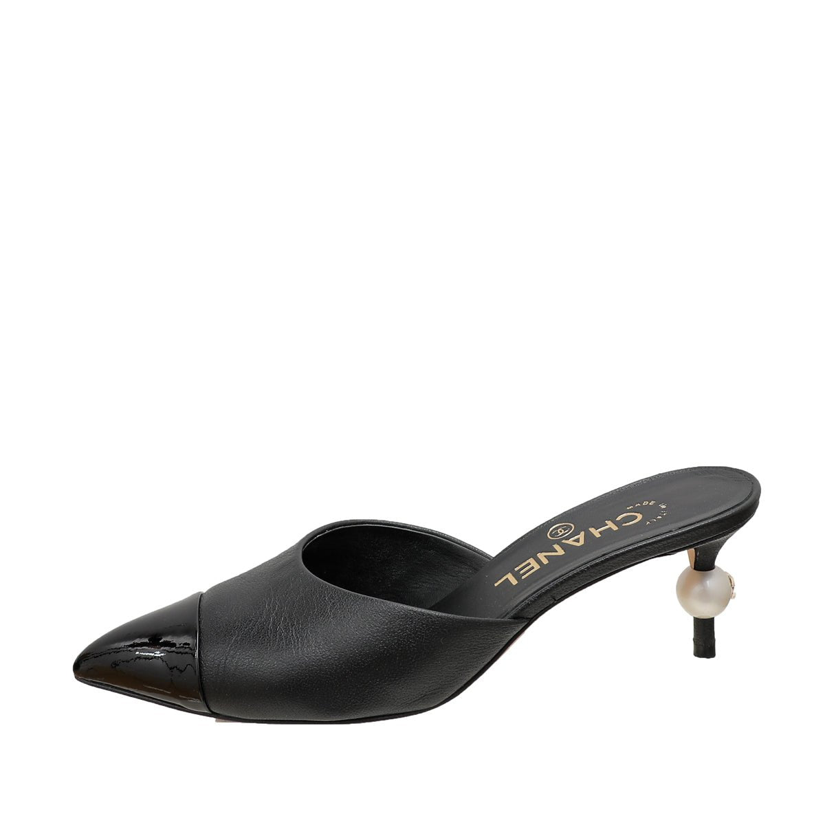 Chanel Black CC Cap Toe Pearl Heel Mules 36 – THE CLOSET