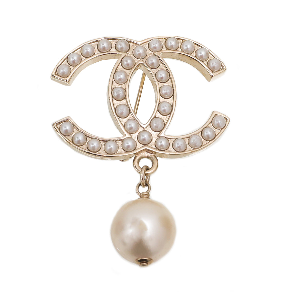 Chanel Light Gold White CC Drop Pearl Brooch