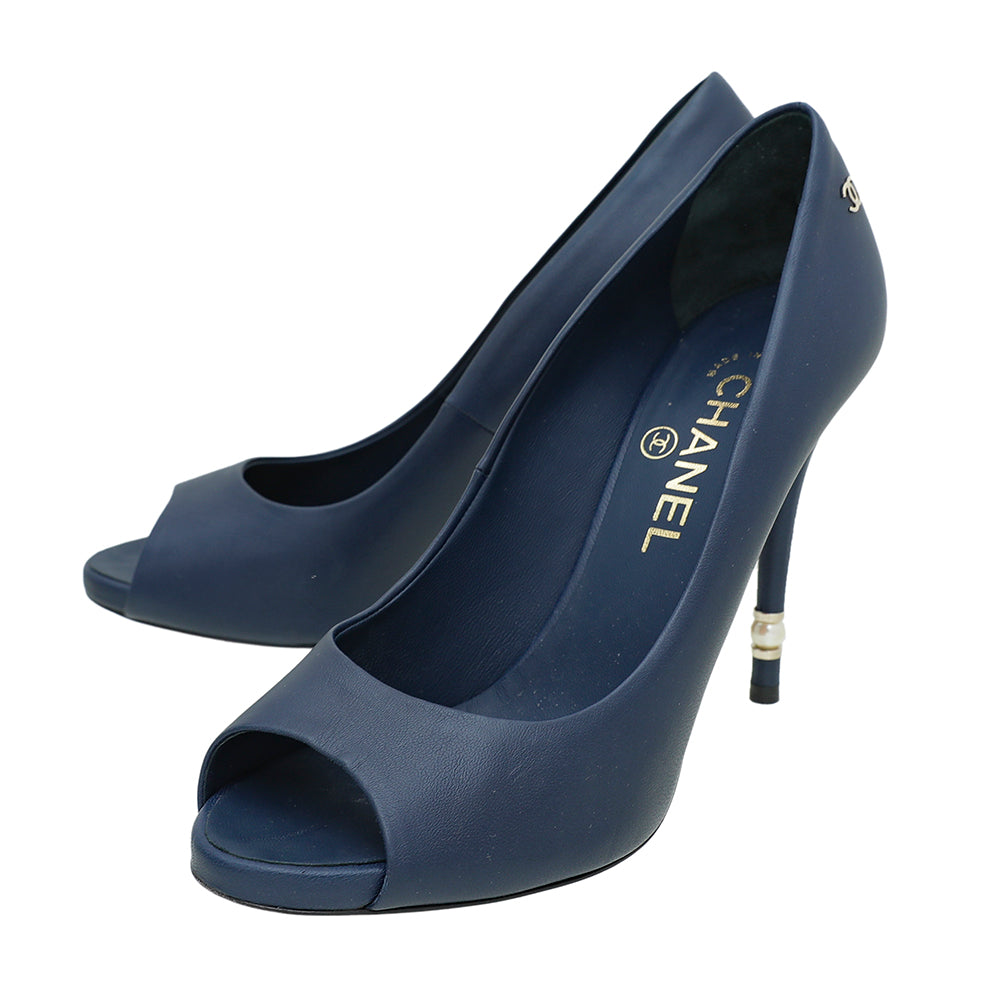 Chanel Blue CC Peep Toe Pearl Heel Pump 38.5 – THE CLOSET