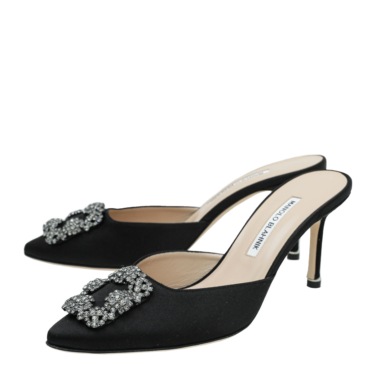 Manolo Blahnik Black Satin Hangisi Mules 38 – THE CLOSET