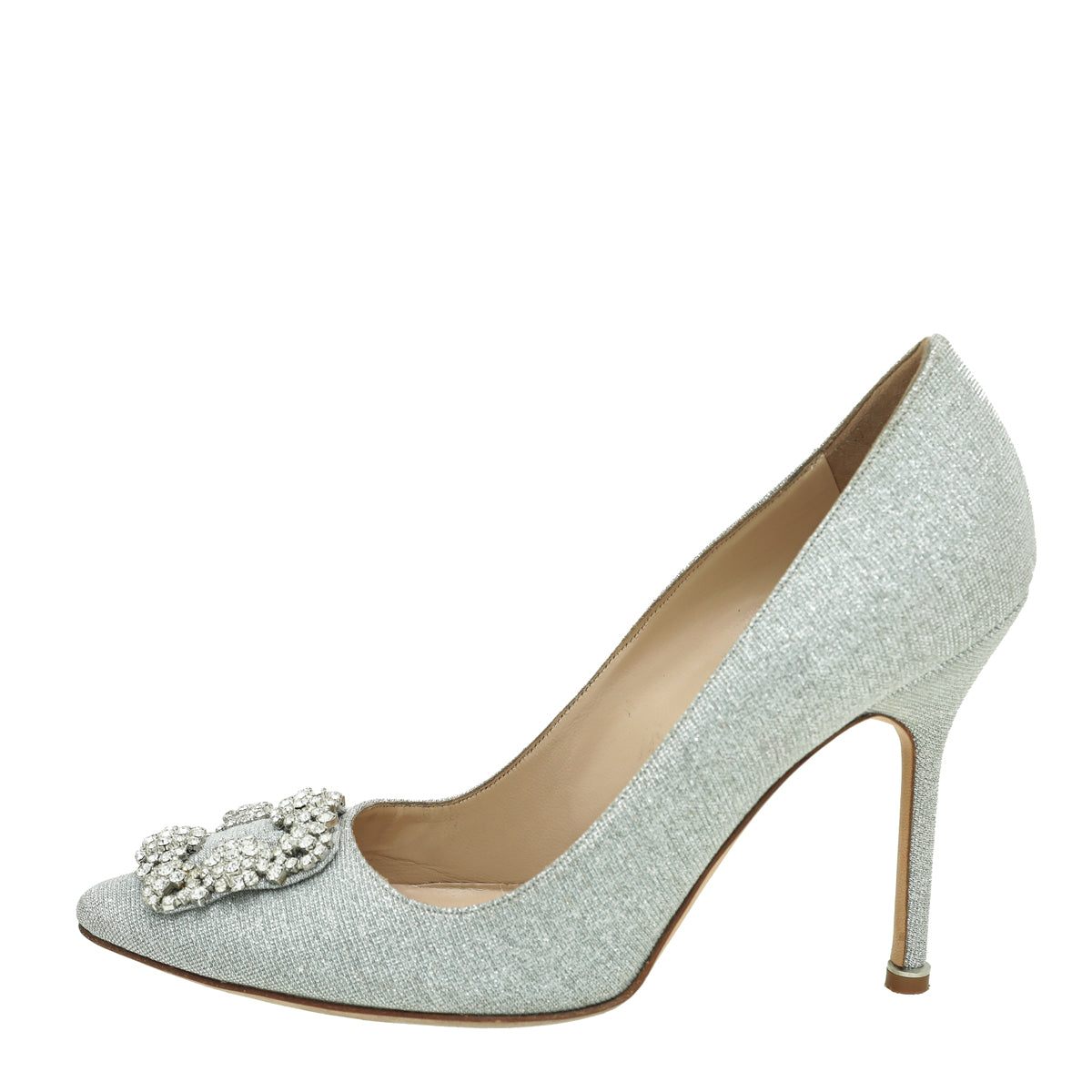 Manolo Blahnik Silver Notturno Glitter Hangisi Bride Pump 39 – THE