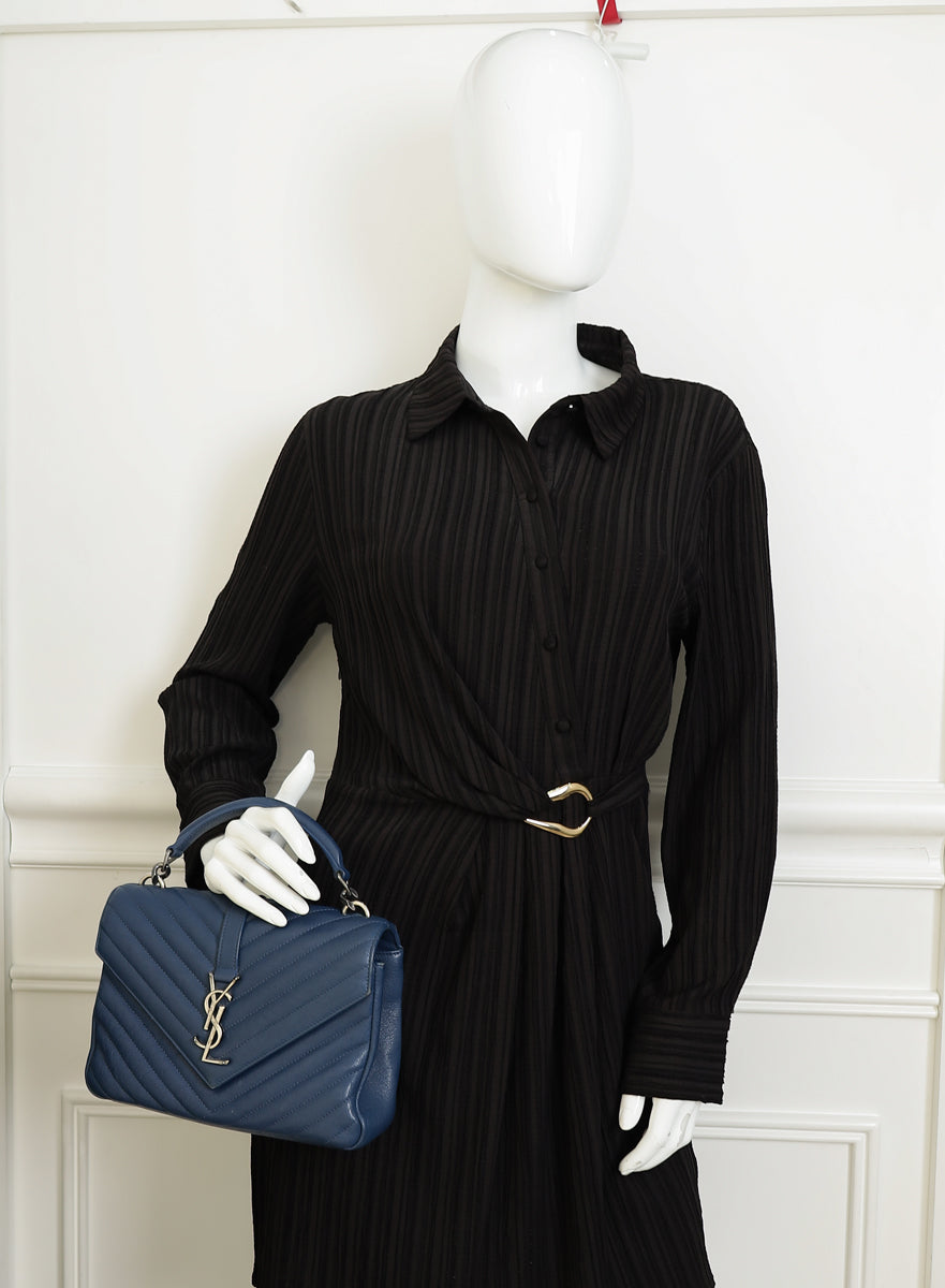 YSL Blue College Chevron Medium Shoulder Bag