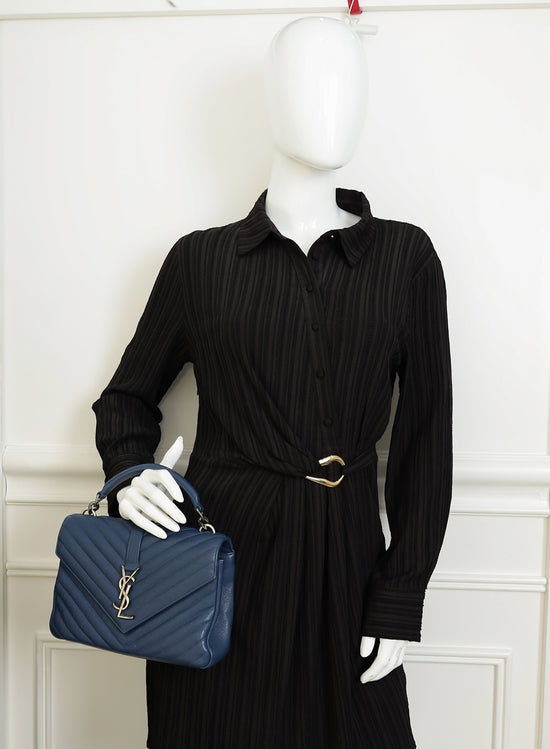 YSL Blue College Chevron Medium Shoulder Bag