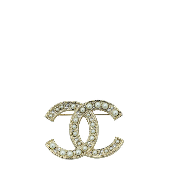 Chanel White CC w/Crystal & Faux Pearl Brooch
