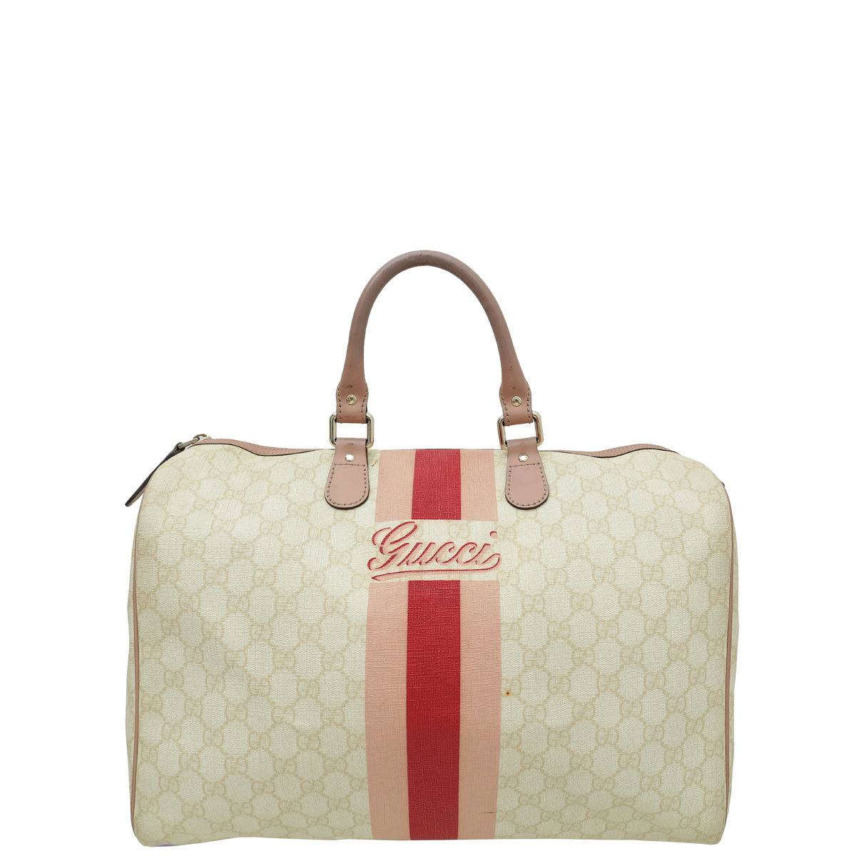Gucci Beige GG Supreme Script Web Logo Joy Large Boston Bag-Gucci-THE CLOSET