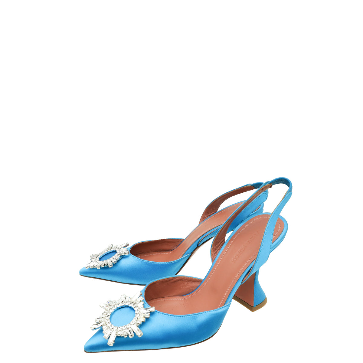 Amina Muaddi Turquoise Satin Begum Crystal SLingback Pumps 36.5