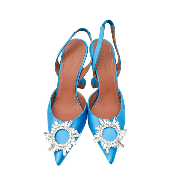 Amina Muaddi Turquoise Satin Begum Crystal SLingback Pumps 36.5