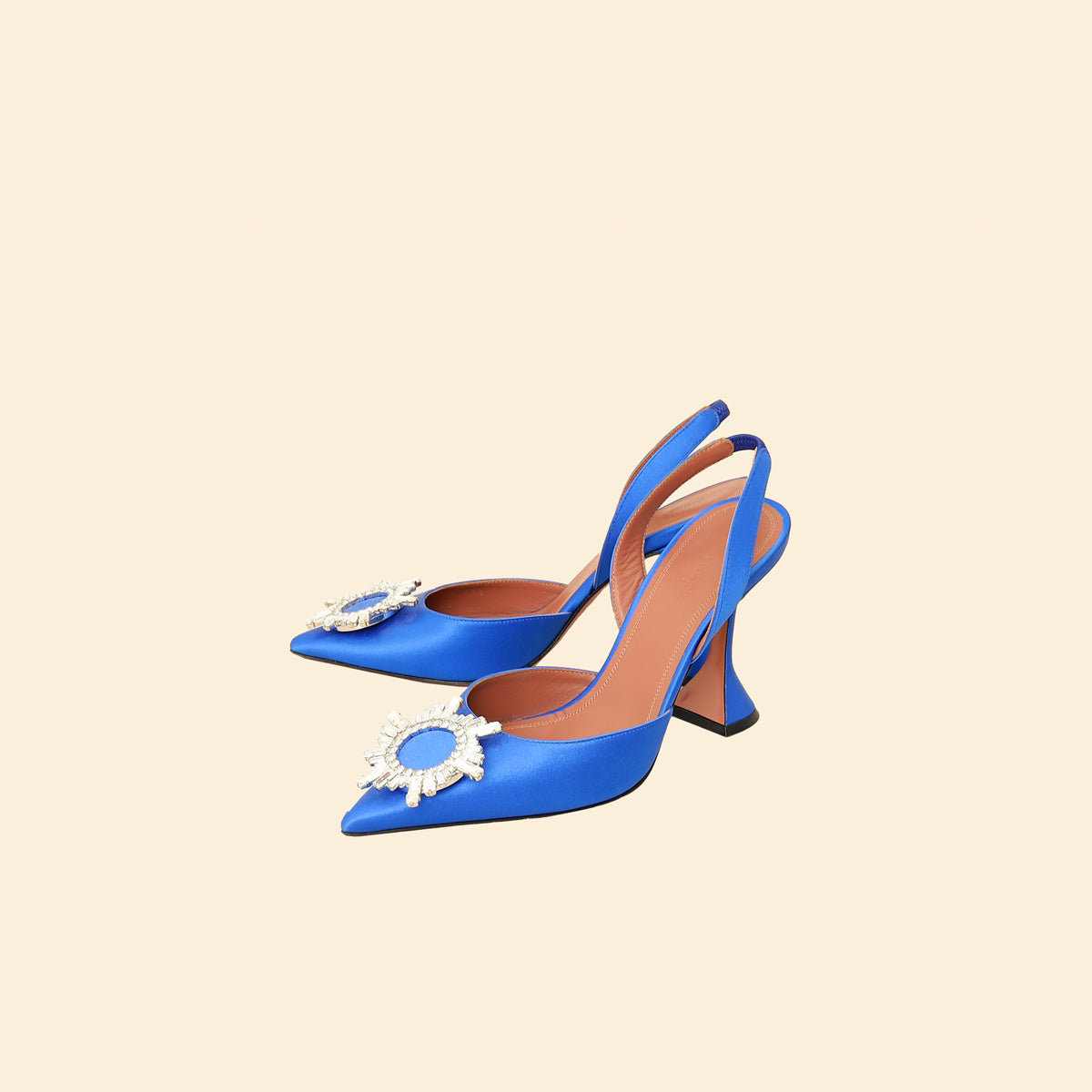 Amina Muaddi Electric Blue Satin Begum Crystal Slingback Pumps