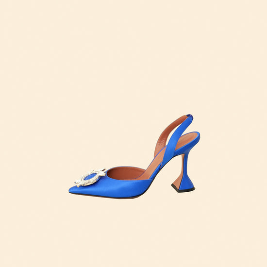 Amina Muaddi Electric Blue Satin Begum Crystal Slingback Pumps 38.5-Amina Muaddi-THE CLOSET