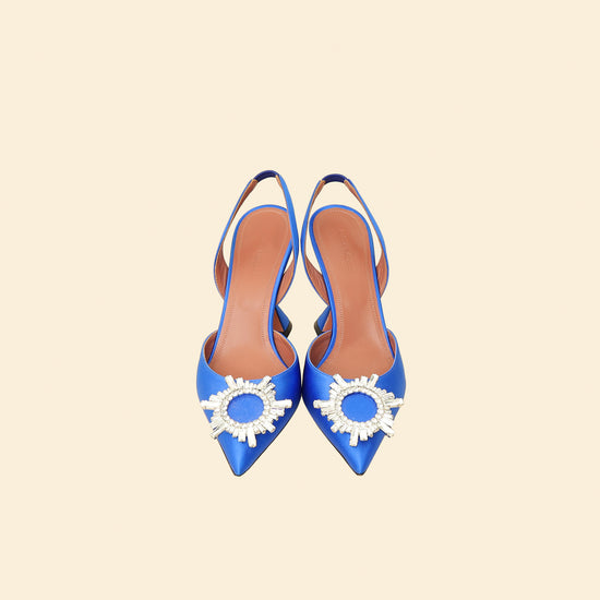 Amina Muaddi Electric Blue Satin Begum Crystal Slingback Pumps 38.5-Amina Muaddi-THE CLOSET