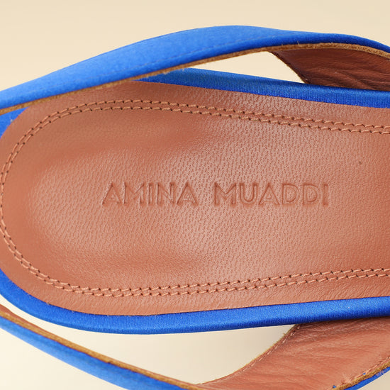Amina Muaddi Electric Blue Satin Begum Crystal Slingback Pumps 38.5-Amina Muaddi-THE CLOSET