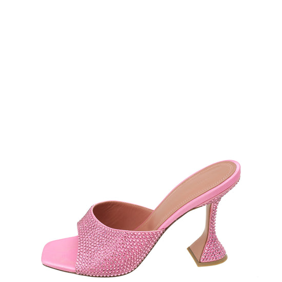 Amina Muaddi Pink Caroline 95 Satin Crystal-Embellished Mules 38