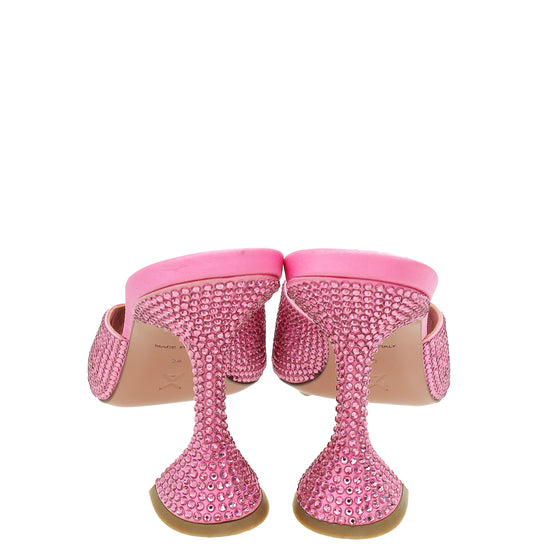 Amina Muaddi Pink Caroline 95 Satin Crystal-Embellished Mules 38