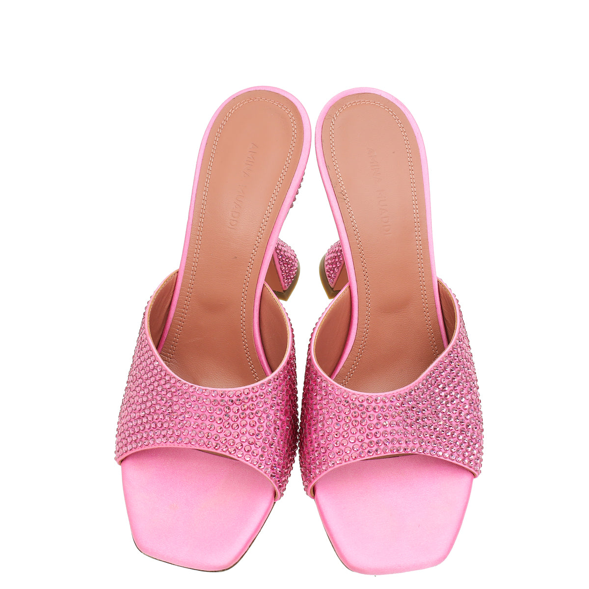 Amina Muaddi Pink Caroline 95 Satin Crystal-Embellished Mules 38