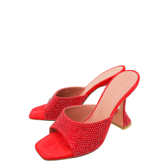 Amina Muaddi Red Caroline 95 Satin Crystal-Embellished Mules 38