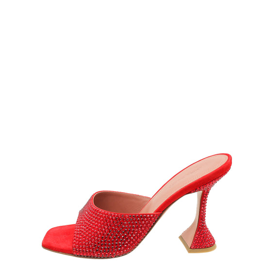 Amina Muaddi Red Caroline 95 Satin Crystal-Embellished Mules 38