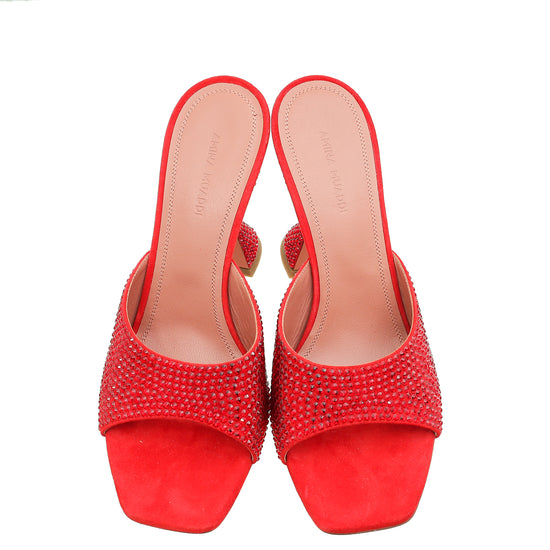 Amina Muaddi Red Caroline 95 Satin Crystal-Embellished Mules 38