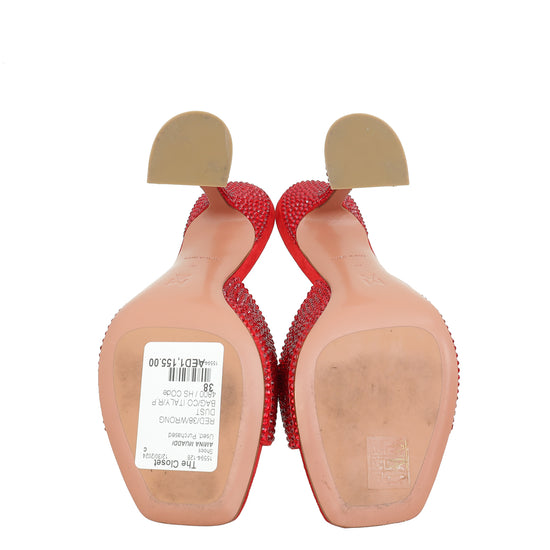 Amina Muaddi Red Caroline 95 Satin Crystal-Embellished Mules 38