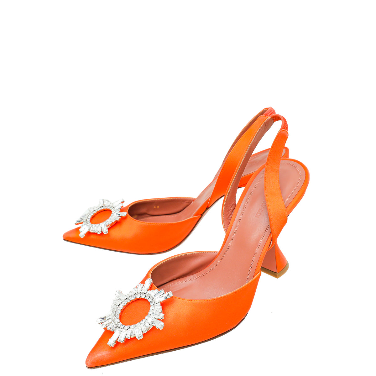 Amina Muaddi Orange Satin Crystal Begum Slingback Pumps 40-Amina Muaddi-THE CLOSET