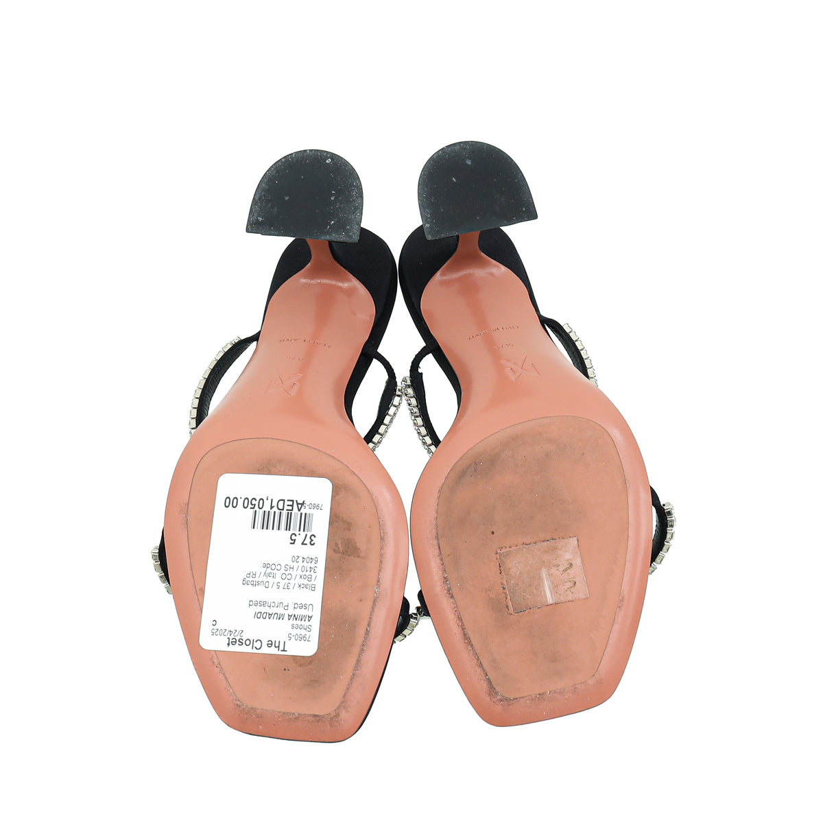 Amina Muaddi Black Satin Crystal Gilda Sandals 37.5