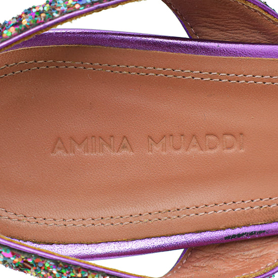 Amina Muaddi Metallic Purple Multicolor Glitter Holli Slingback Pumps 39