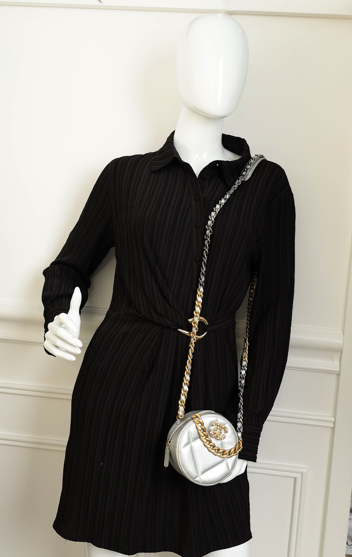 Chanel Metallic Gray 19 Round Mini Clutch w/ Chain